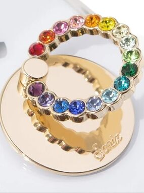 Pink Sky Embellished Crystal Rhinestone Phone Ring and Stand (Gold, Rainbow) New